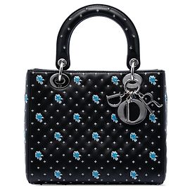 Lady Dior en cuir de veau noir avec fleurs brodées, taille Medium Noir