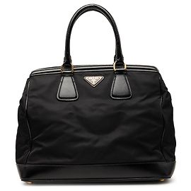 Prada Black Saffiano Vernice Trimmed Tessuto Parabole Tote Schwarz