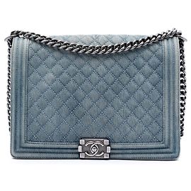Chanel Blue Large Quilted Denim Boy Flap Bleu Autre