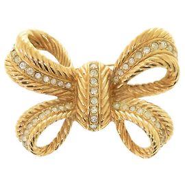Dior Gold Gold Plated Strass Bow Brooch Golden
