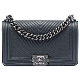 Chanel Gray Old Medium Chevron Lambskin Boy Flap Marrom Cinza antracite