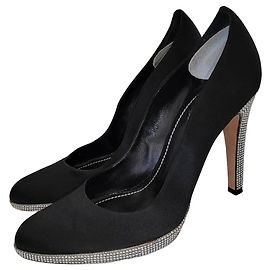 Rene Caovilla Black Silk Crystal Embellished Heels Black