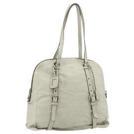 PRADA Tote Bag Leather Ivory Silver Auth 178082A Silvery Cream