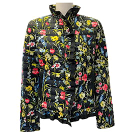 Escada Black Multi Floral Quilted Down Ruffled Puffer Jacket Black