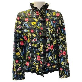 Escada Black Multi Floral Steppjacke mit Daunen und Rüschen Schwarz
