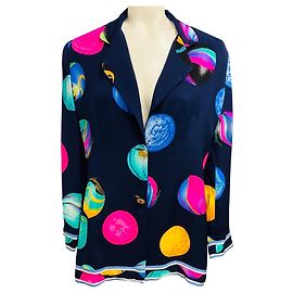 Leonard Paris Navy Multi Scarf Print Silk Blazer Navy blue