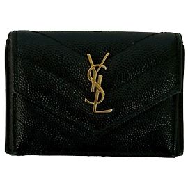Yves Saint Laurent Black Leather Tri-fold Mini Wallet Black