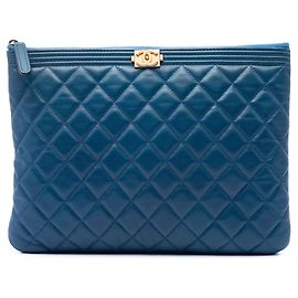 Chanel Blue Medium Quilted Caviar Boy O Case Clutch Blue Dark blue