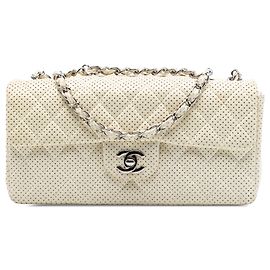 Chanel White Classic Perforated Lambskin East West Flap Branco Cru