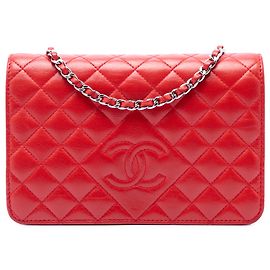 Chanel Red Stitched CC Quilted Lambskin Wallet on Chain Red