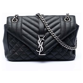 Borsa College Monogram Triquilt in pelle di pecora nera Medium Saint Laurent Nero