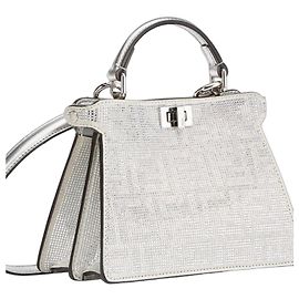 Fendi Peekaboo ISeeYou Mini Bolsa de Couro Prateado Strass Prata