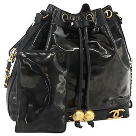 Bolsa de ombro com corrente CHANEL em couro envernizado preto e dourado CC Auth bs34966 Preto Dourado