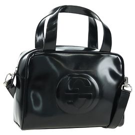GUCCI Handtasche Lackleder 2way Schwarz Silber Auth 176640 Schwarz Silber