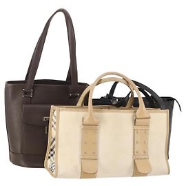BURBERRY Blue Label Hand Bag Leather Canvas 3 Set Black Brown White Auth am11366 Brown Black White