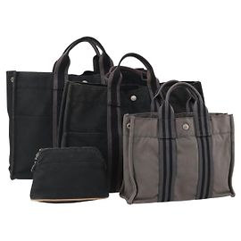 Hermès Borsa Tote HERMES Canvas 4 Set Gray Black Auth ti3899 Marrone Nero