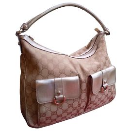 Bolsa de mão Gucci em lona monogramada bege e couro dourado com bordado de rosa Bege Dourado