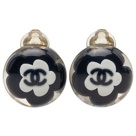 Orecchini Chanel Camellia Coco Mark Nero Argento Bianco