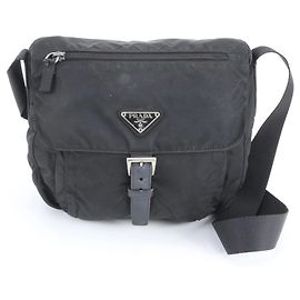 Prada Tessuto Nylon Triangle Logo Leather Shoulder Bag Black