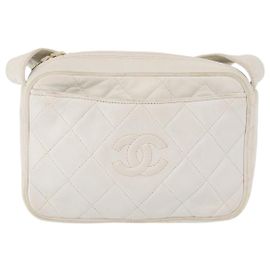 Chanel Vintage Diamond CC Slit Pocket Camera Bag Quilted Leather Small White