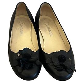 Chanel Leather Ballet Flats with Camellia Detail Black