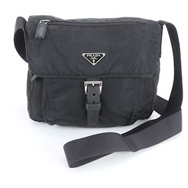 Prada Tessuto Nylon Triangle Logo Leather Shoulder Bag Black