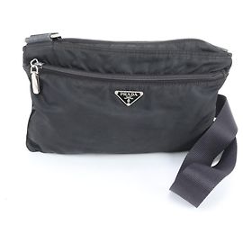 Prada Tessuto Nylon Triangle Logo Leather Shoulder Bag Black