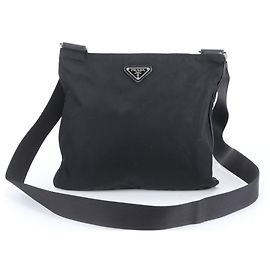 Prada Tessuto Nylon Triangle Logo Leather Shoulder Bag Black