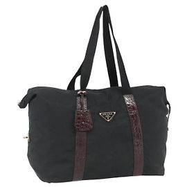 PRADA Boston Bag Nylon Black Gold Auth 176251 Black Golden