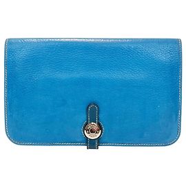 Hermès Hermes Dogon GM Bi-fold Wallet in Blue Taurillon Clemence Leather Blue