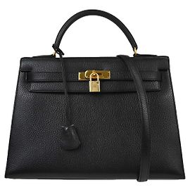 Hermès Borsa Hermes Kelly Black Ardennes con Hardware Oro 32 Nero