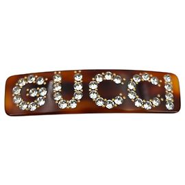 Gucci Presilha de cabelo com adornos de cristal em resina Marrom