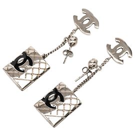 Orecchini Chanel Silver CC Brass Cambon Ligne Drop Pushback Argento
