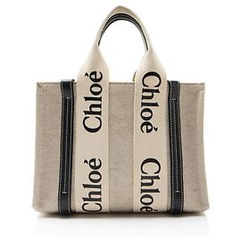Chloé Tote Small de lona de lin Chloe Woody Marrom Bege