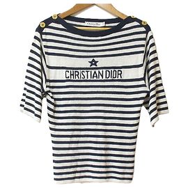Christian Dior Cashmere Silk Stripe Knit Top Blue Other