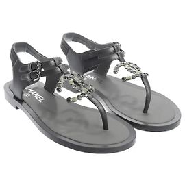 Chanel Leather T-Strap Sandals with CC Logo Dark grey