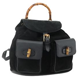 GUCCI Bamboo Backpack Suede Leather Black Gold Auth BA12515 Black Golden