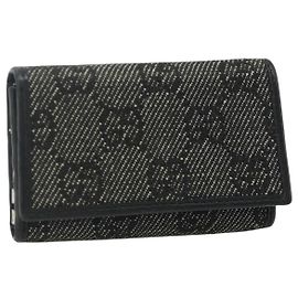 GUCCI GG Canvas Key Case Silver Black Auth 179365A Black Silvery