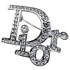 Christian Dior Logo Kristall-Brosche Silber