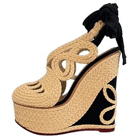 Charlotte Olympia Raffia Platform Wedge Sandals Black Beige