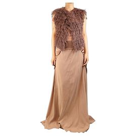 Brunello Cucinelli Set con top in seta marrone a schiena lunga e gilet con frange - taglia S Marrone
