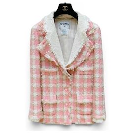 Chanel 04C Pink White Cream Fringe Tweed Checker Jacket FR 42 Pink White Beige