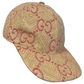 Gucci Cap aus Stroh mit rotem GG Monogramm Rot Stroh