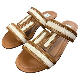 Tod's Tod’s Leather Canvas Flat Sandals Brown Cream