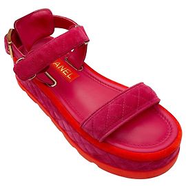 Chanel Pink / Red / Gold CC Logo Quilted Suede Calfskin Flat Platform Sandals Pink