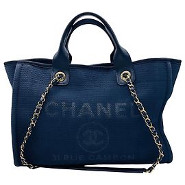 Chanel Navy Blue Canvas Medium Deauville Shopper Tote Handbag Navy blue
