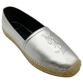 Yves Saint Laurent Silver Metallic Leather Flat Espadrilles Silvery