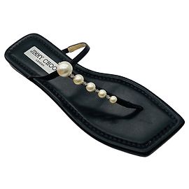 Jimmy Choo Black Alaina Faux Pearl Embellished Leather Flat Sandals Black