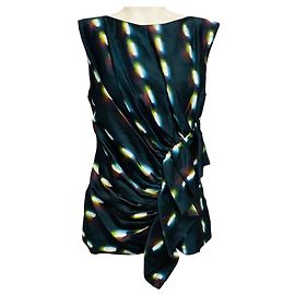 Dries Van Noten x Len Lye Navy Blue Multi Printed Gathered Sleeveless Satin Top Navy blue