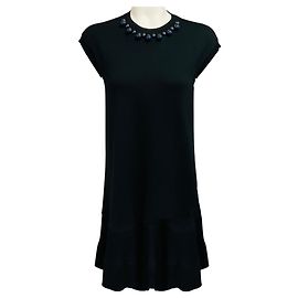 Vestido de malha de lã preta Louis Vuitton com gola de joia e mangas curtas Preto